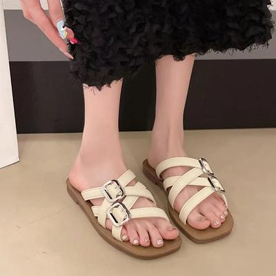 Мода 2025 Новые летние босоножки с открытым носком, модные узкие ремешки, дизайн с двухрядной пряжкой, квадратный носок, пляжные шлепанцы на плоской подошве