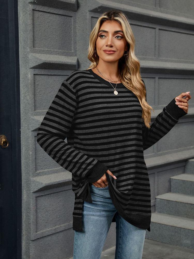 Элегантная и модная осенне-зимняя удобная однотонная полосатая футболка с круглым вырезом и длинными рукавами, повседневная футболка, свитер, толстовка с капюшоном