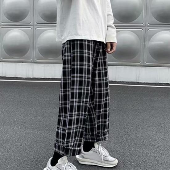 Мужские брюки в клетку Streetwear Широкие с эластичной талией Свободные Спортивные брюки для осени
