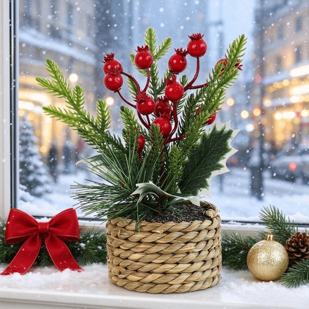 Woven Basket Artificial Christmas Plant Faux Artificial Berries Stem Xmas Red Berry Branches Red Berry Pine Cone