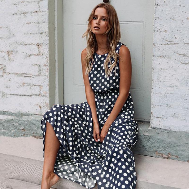 Summer Sexy O Neck Sleeveless Boho Polka Dot Print Maxi Dress New Casual Ladies Party Long Dress