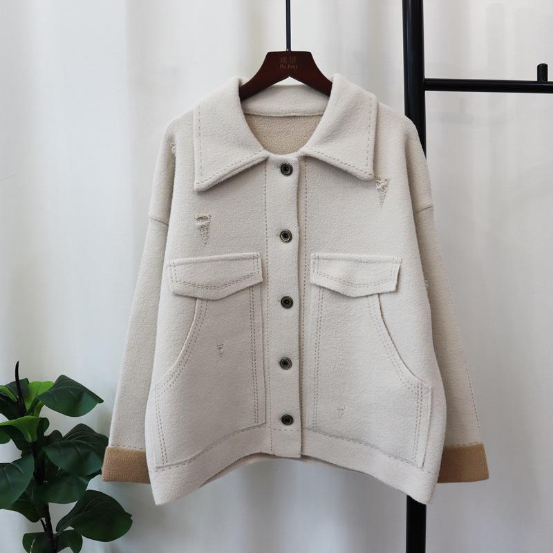 Осень и зима новый лацканный дизайн чувство ниши вязаный двусторонний шерстяной кардиган темперамент свитер куртка женская