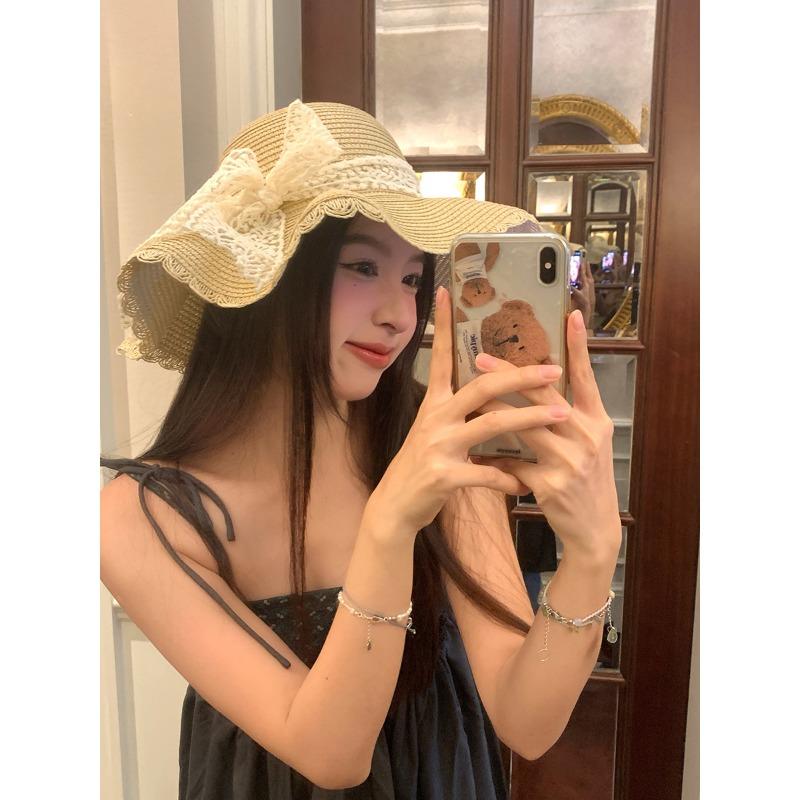 Straw hat big cover hat summer new sunscreen sun hat sweet bucket hat breathable lace bow grass