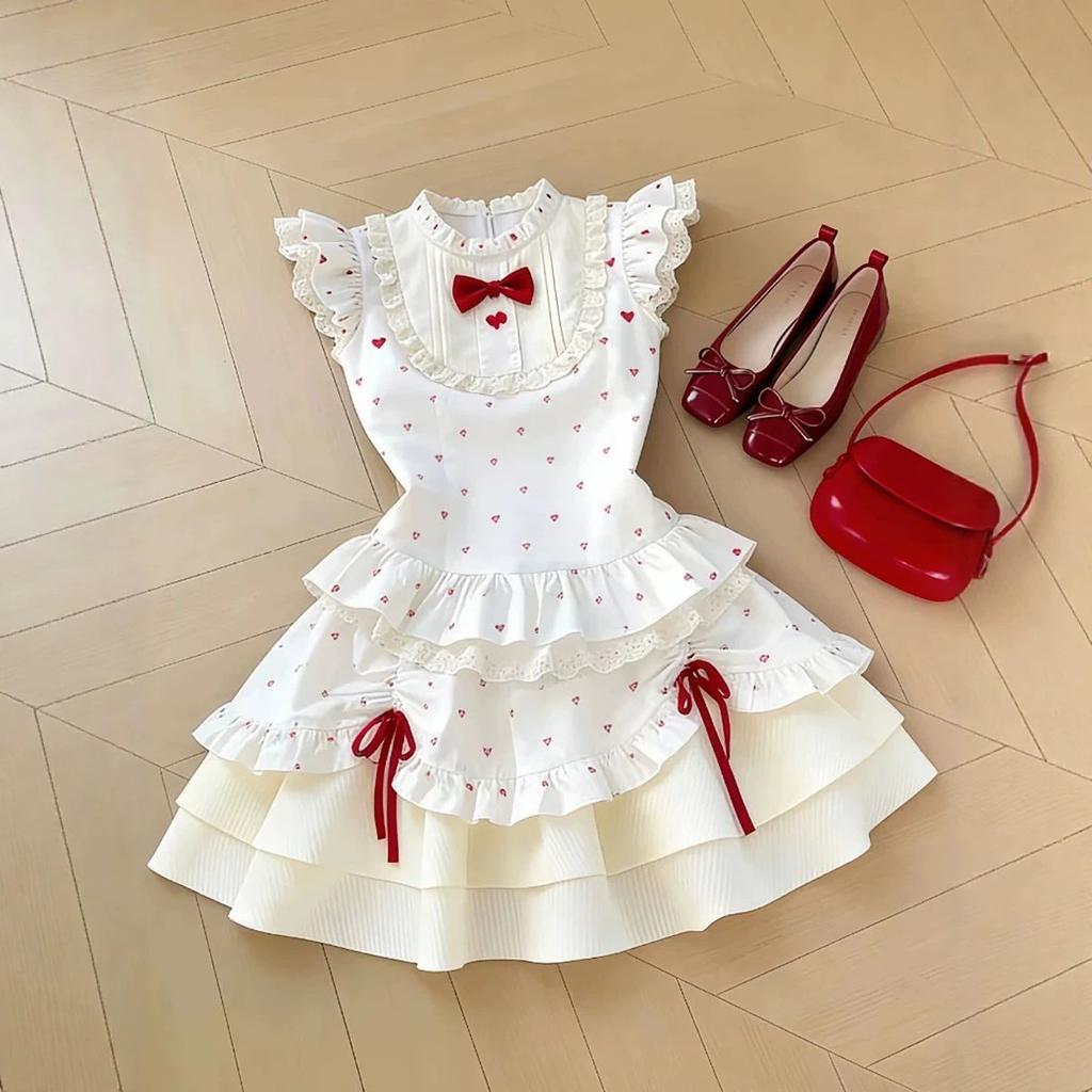 Girls Summer Polka Dot Bow Princess Dress Medium Large Kids Lace Trim Round Neck Stylish Sundress