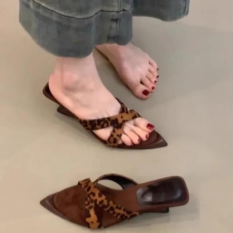Fashion Retro Pointed Toe Temperament Cross Belt Wedge Sandals Women's Shoes 2025 New Leopard Print French Open Toe High Heel Sandals
