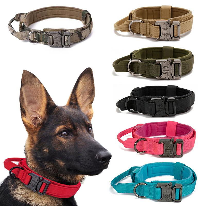 Military Tactical Dog Collar Durable Adjustable Nylon Collar with Control Handle for Medium Large Dogs Walking Pet