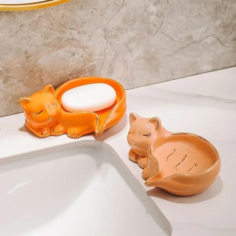 НОВАЯ мультяшная милая керамическая мыльница в форме кошки, мыльница со сливом для воды, мыльница для умывальника, полка для слива, аксессуары для ванной комнаты
