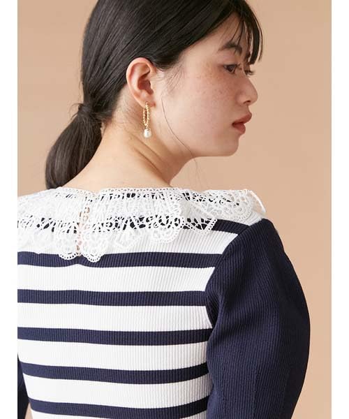 Lily Brown Border Knit Top LWNT252021 Women's Lace-Collar