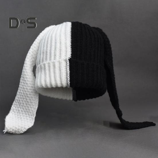 Зимняя вязаная шапка с длинным декором в виде заячьих ушей, контрастного цвета, унисекс, толстая, теплая, высокоэластичная, ветрозащитная, для холодной погоды, для катания на лыжах и т. д.