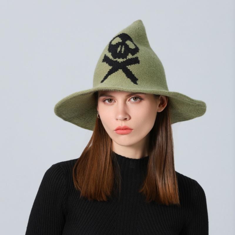 New Halloween Skull Wizard Hat Big Eaves Wool Knitted Ghost Head Witch Hat Women's Party Hat