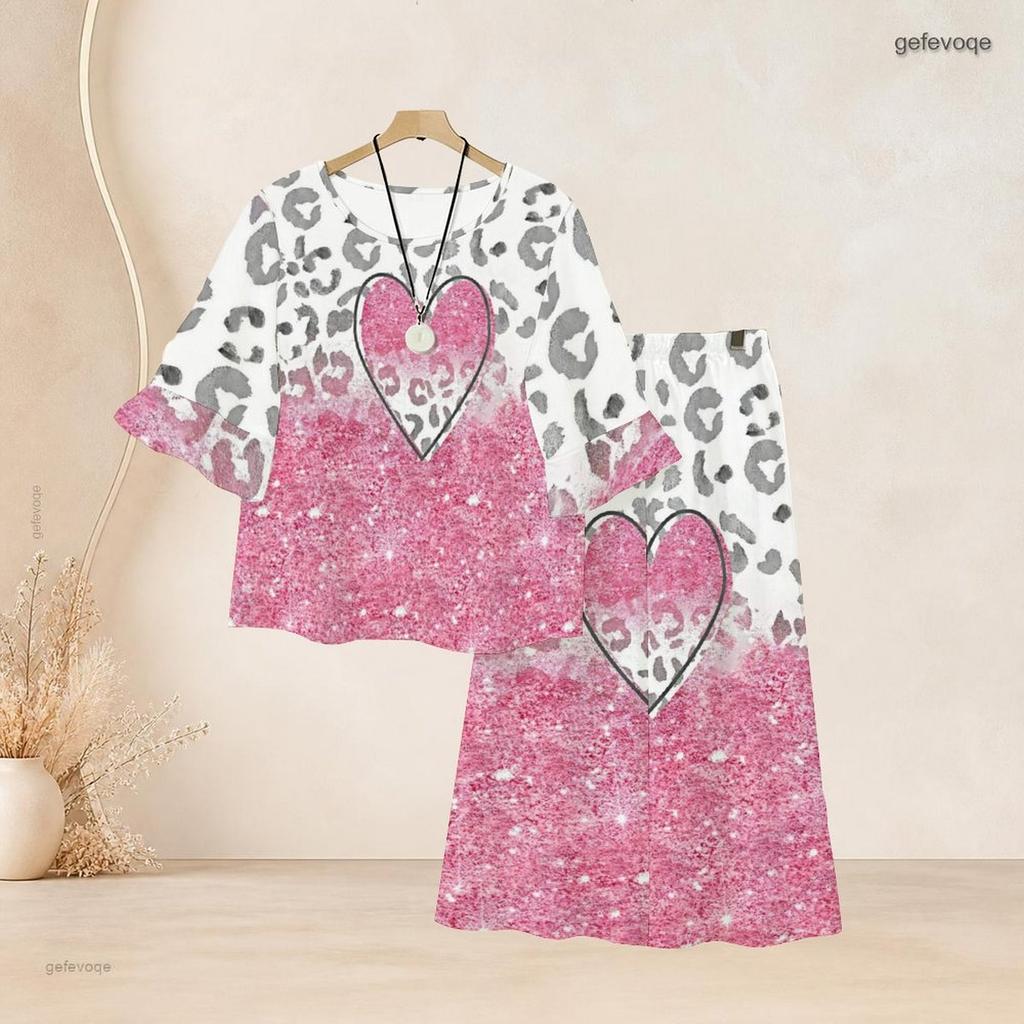 Women Plus Size Round Neck Flared Half Sleeve Green Printed Top And Long Pants Two Piece Set