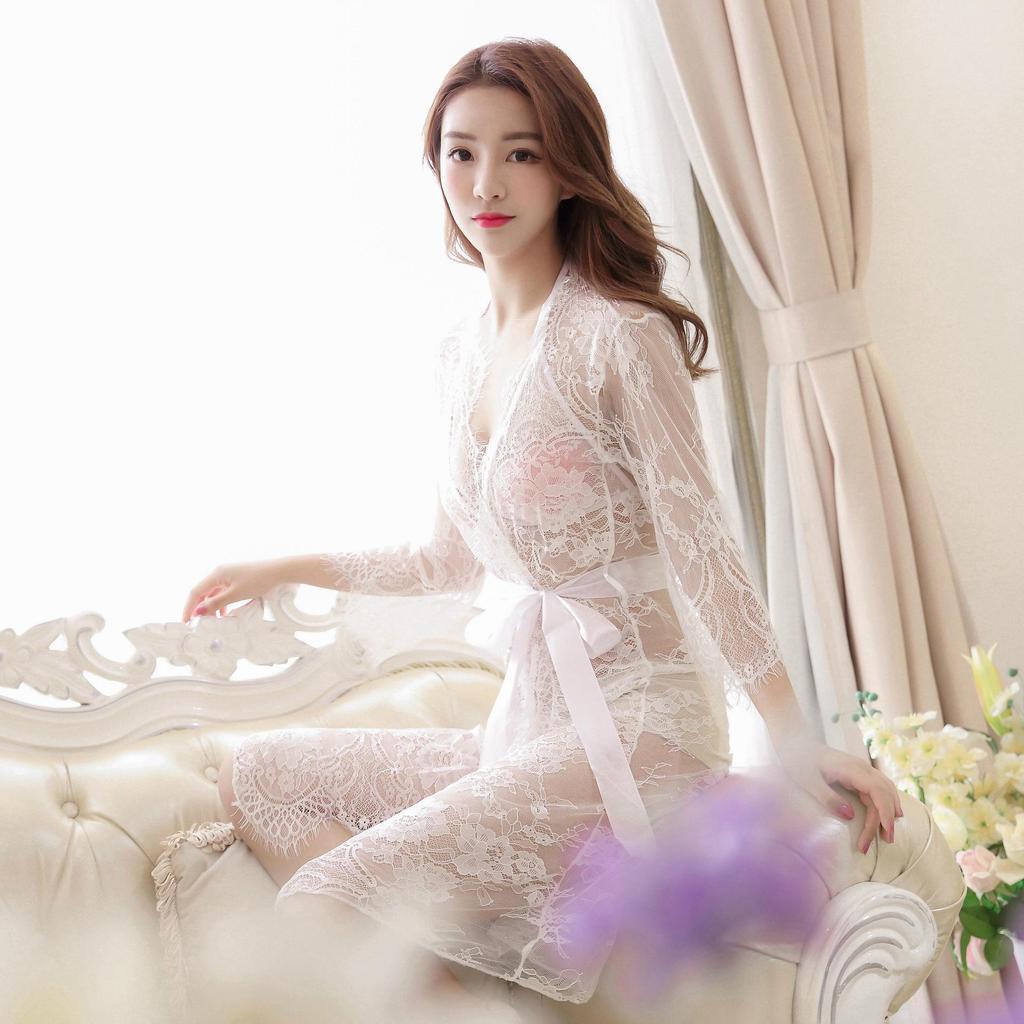 Lace Tulle Transparent Eyelash Lingerie Nightdress for Women