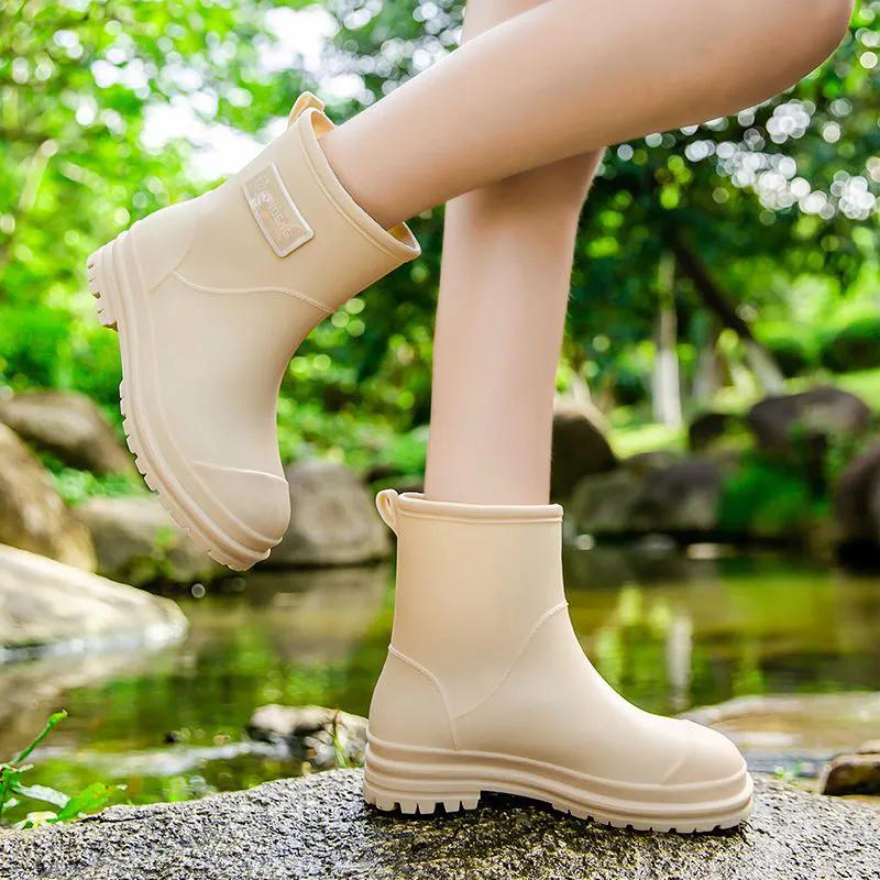 WTEMPO Solid Color Large Size Rain Boots Low Thick Heel Anti Slip Casual Work Shoes for Women's In Spring Summer