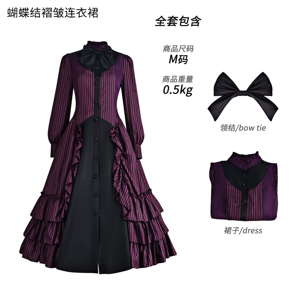 Gothic Vintage Dark Light Color Pleated Bow Dress cosplay Stage performance length