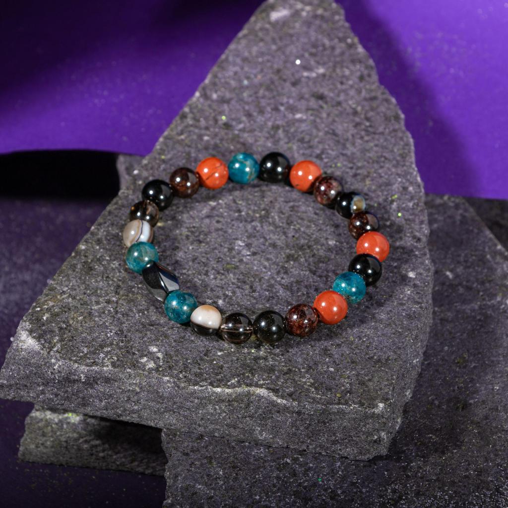 Браслет Девы Бордовый Красный гранат Гранат, дымчатый кварц, золотой обсидиан, яшма, голубой апатит, черный глазчатый агат