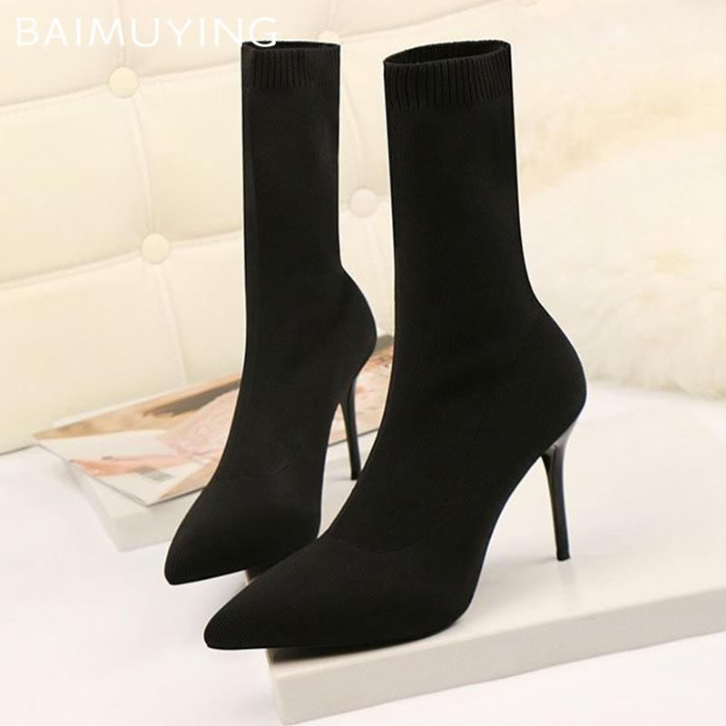 Knitting Women Ankle Boots Pointed Toe Fashion Sexy High Heels Shoes 2024 Trend Winter Pumps Sock Boots Elegant Botas De Mujer