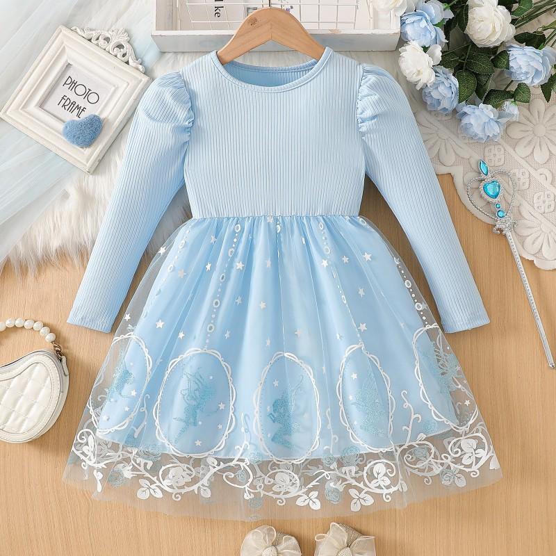 Girls Princess Dress Long Sleeve Cotton Blend Mesh 2026 Kids Party