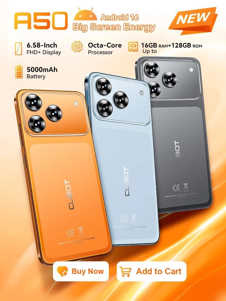 Смартфон Cubot A50 6 ГБ (+10 ГБ) ОЗУ 128 ГБ ПЗУ Две SIM-карты Android 16 NFC 6,583" 48 МП 5000 мАч Глобальный