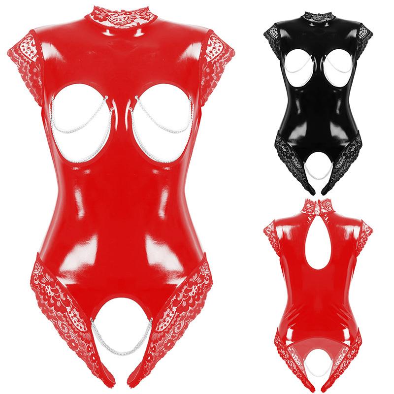 Женское цельное нижнее белье из лакированной кожи с мокрым эффектом, трико-боди без рукавов с высоким воротом и вырезами, кружевная отделка