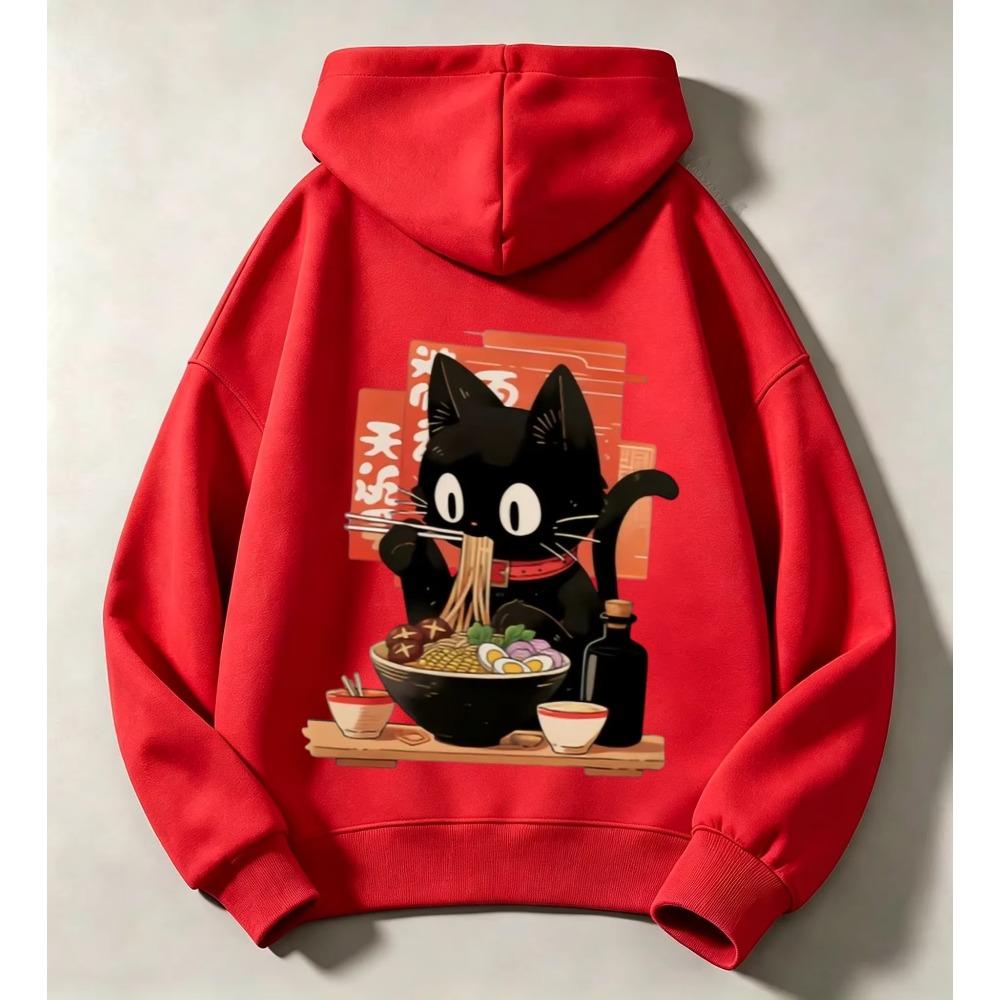 Japanese-Style Long-Sleeved Children's Hooded Coat Cat-Eating-Noodles Print for Boys And Girls Autumn Winter Fashion Outerwear