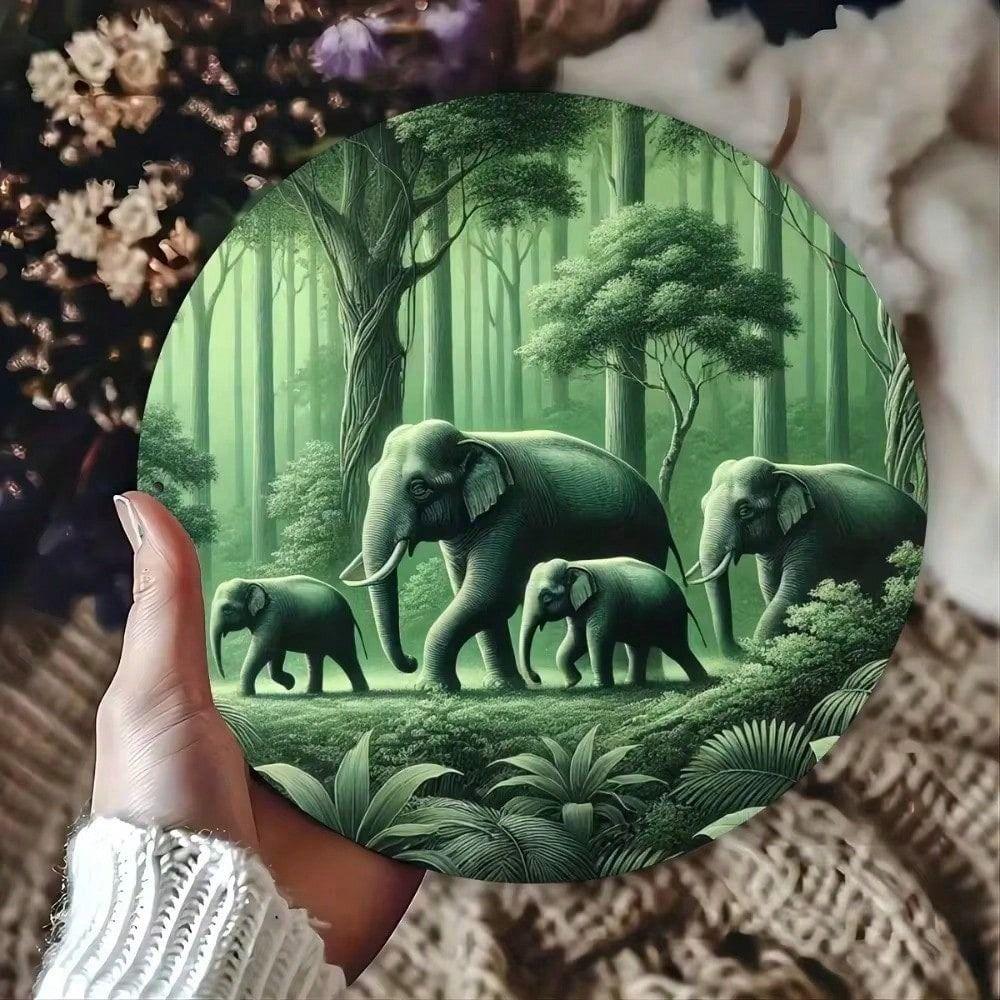 Vintage Forest Elephant Round Metal Wall Art 20x20 cm Bar Decor