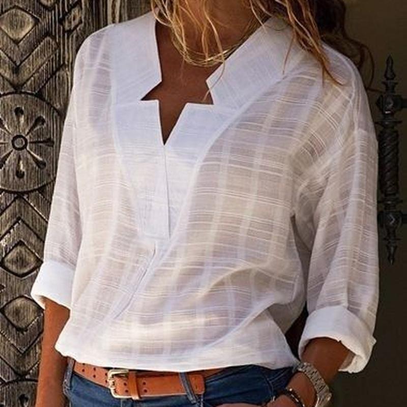 Женские белые розовые однотонные блузки больших размеров на весну и осень, свободные топы с длинными рукавами и V-образным вырезом нестандартной формы