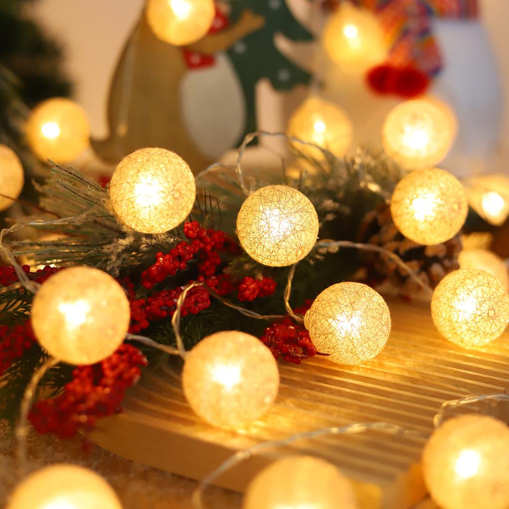 Cotton Balls Lights Battery Operated 10/20 LED Cotton Balls String Light 4.9/9.8ft Warm White For Bedroom,Party,Indoor,Wedding,Festival Decor