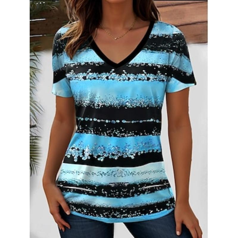 Женская футболка Ocean Striped Casual с коротким рукавом V-образным вырезом, обычные топы, на каждый день, на выход, на выходные, с принтом, лето