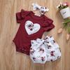 Newborn Girls Short Pants Outfits, Ruffles Heart Romper + Flowers Printed Shorts + Bowknot Headband Sets