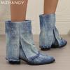 Модные ковбойские женские высокие сапоги с острым носком, зимние дизайнерские туфли на толстой подошве до середины голени, женские зимние сапоги 2024 года, готические женские ботинки