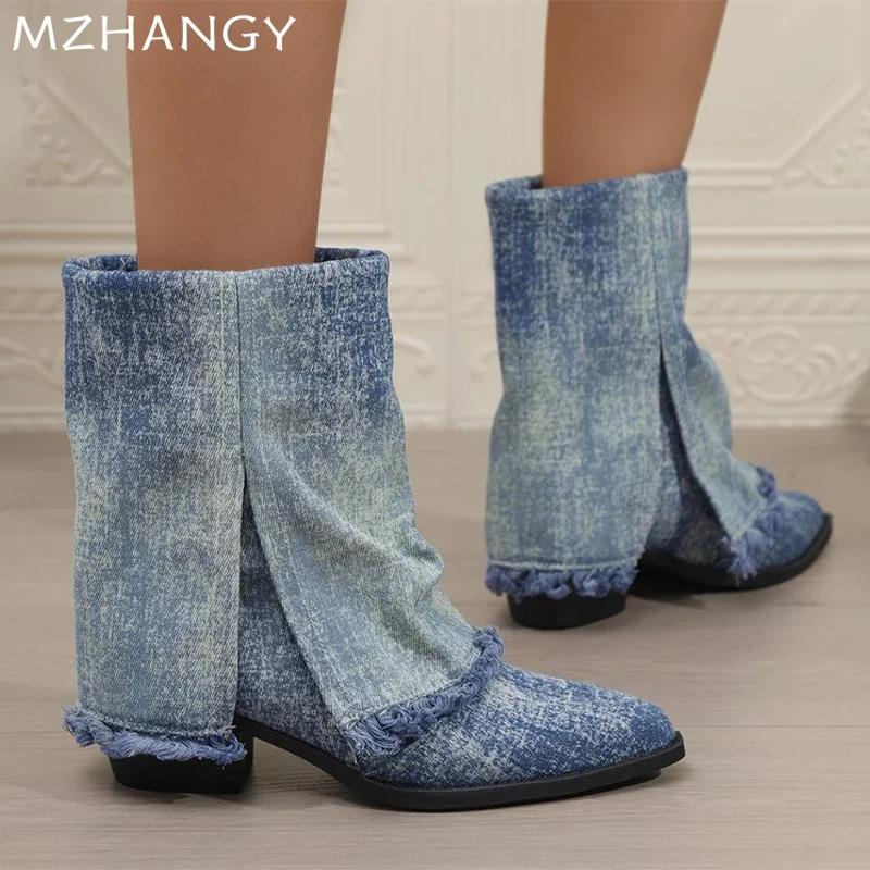 Модные ковбойские женские высокие сапоги с острым носком, зимние дизайнерские туфли на толстой подошве до середины голени, женские зимние сапоги 2024 года, готические женские ботинки