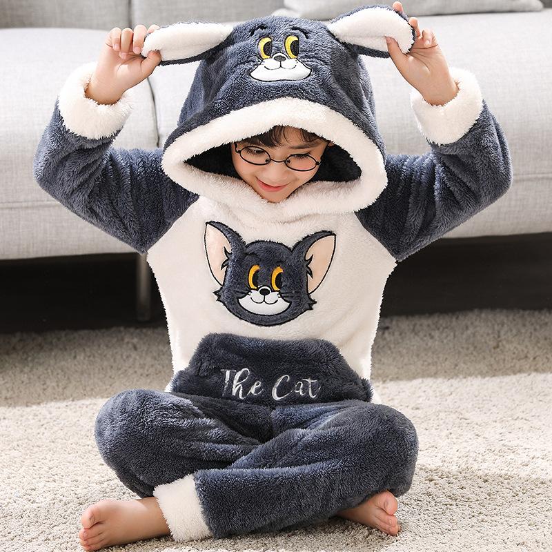 Kids Flannel Pajamas Set Boys Girls Warm Long Sleeve Top And Pants Sleepwear Winter Home Nightwear