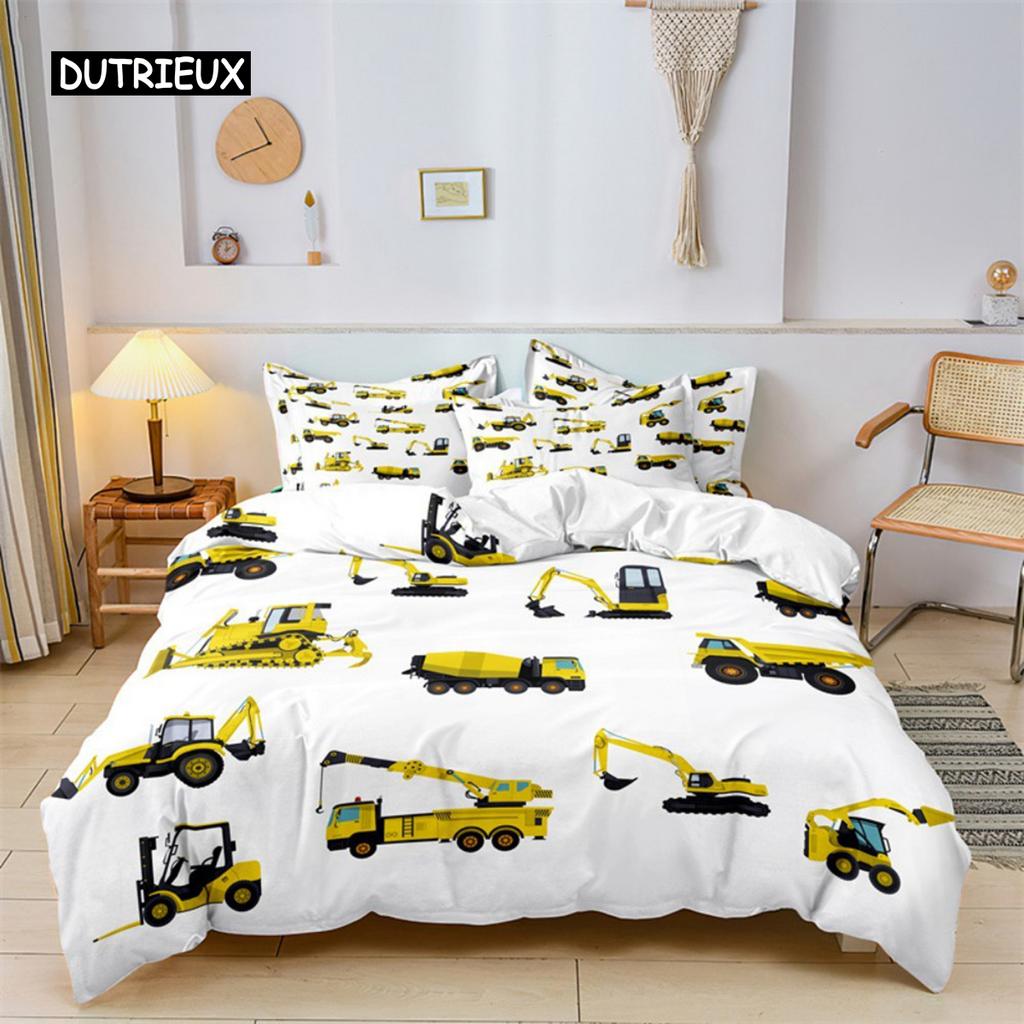 Пододеяльник с изображением машинки из мультфильма для мальчиков, комплект постельного белья, строительная техника, покрывало для одеяла, детская мультяшная техника, грузовик, мягкий полиэстеровый декор