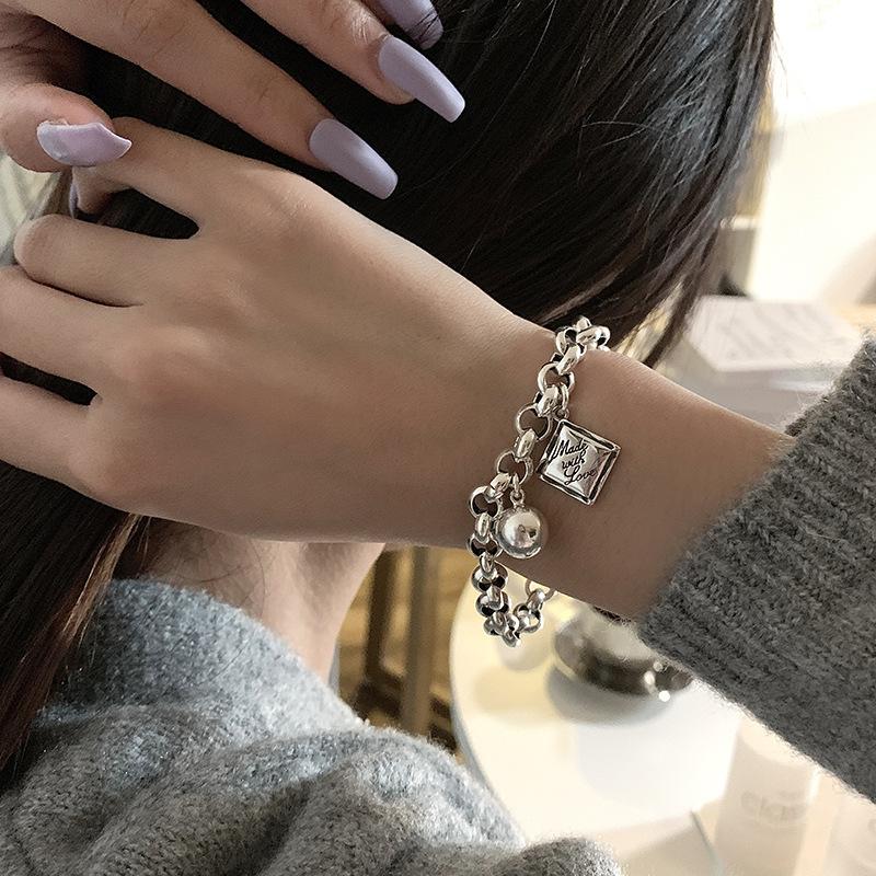 ANENJERY Square Ball Bracelet for Women Geometric Thai Silver Bracelet Jewelry Gifts
