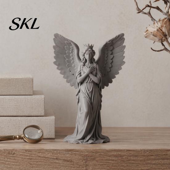 Miniature Angel Ornament for Display 3D Printed Crown Figurine, Vintage Guardian Angle Statue, Winged Women Decor Artistic Sculpture Home Tabletop