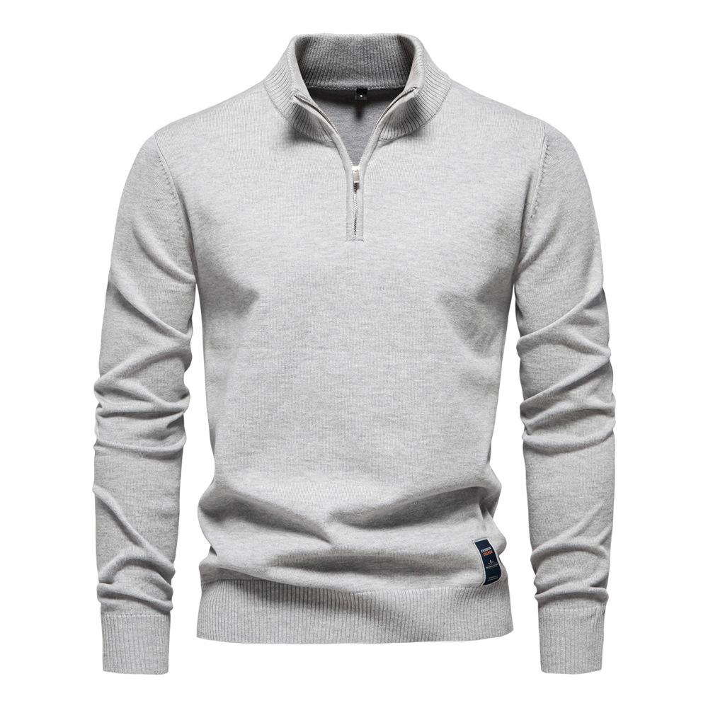 New Solid Color Cotton Sweater Men'S Stand Up Collar Half Zipper Slim Fit Men'S Knitted Sweater Top