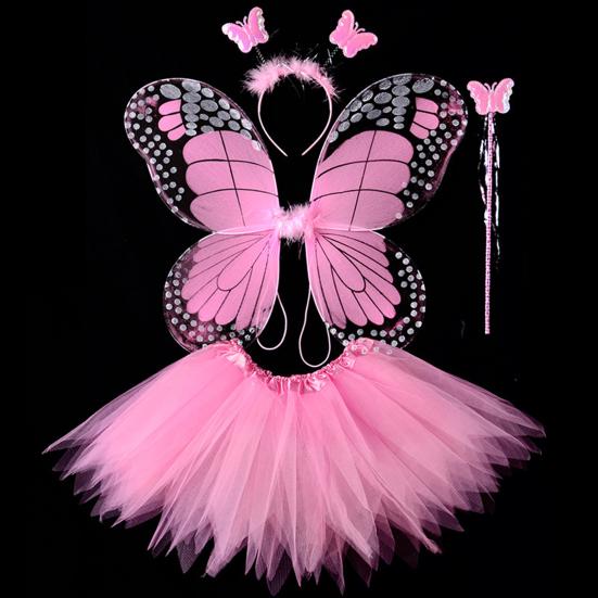 Children Skirt Set Headband Wand Simulation Butterfly Wings Elastic Waist Mesh A-line Skirt Princess Style Kids Party Dress Up Fairy Costume Set