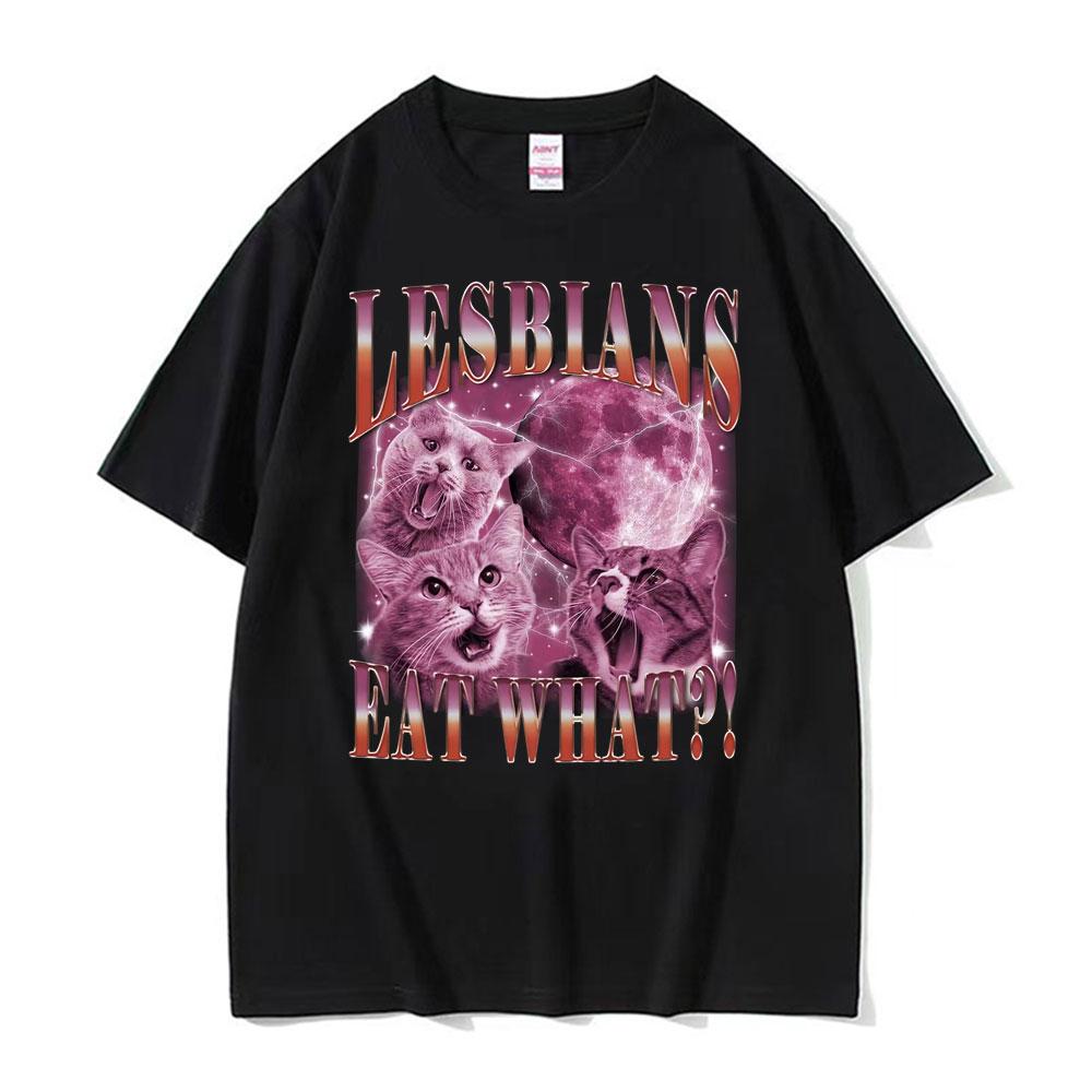 What Cat Meme Graphic Does A Lesbian Eat? 2025 Summer Printed Pure Cotton Fashion Hip-hop High Street Loose Casual T-shirt