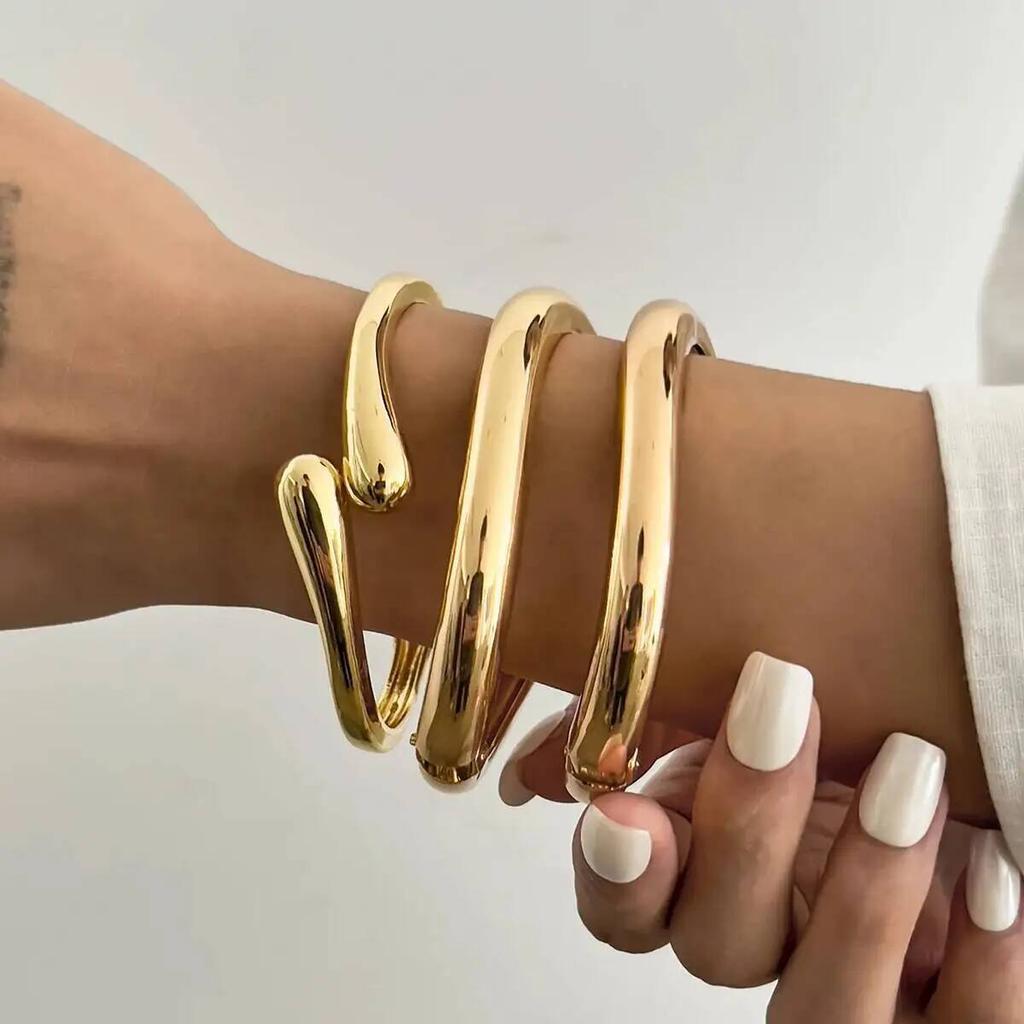 Salircon 3 Styles Vintage Hip Hop Glossy Water Drop Cuff Bangles for Women Punk Gold Color Geometric Spring Bracelet Men Jewelry