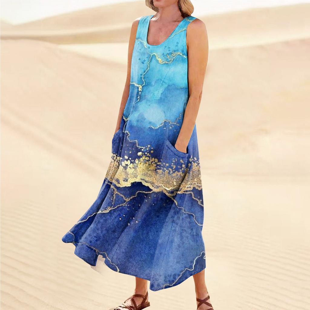 Женское летнее повседневное модное платье без рукавов с карманом и круглым вырезом