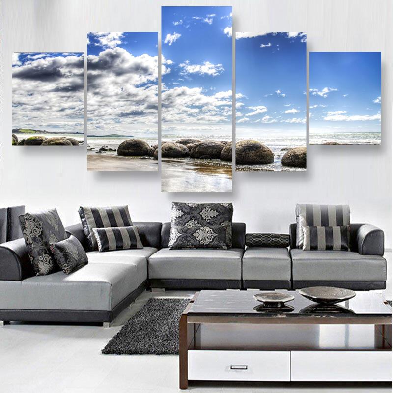 5 панелей Морской пейзаж Морской большой круглый камень Красочное небо Холст Картина Плакаты и принты Настенная картина Домашний декор без рамки