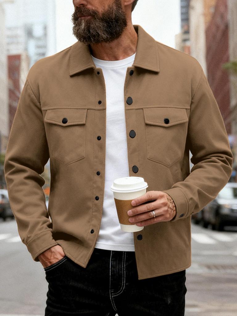 2025 Autumn/Winter Slim Fit Men's Lapel Jacket - Single-Breasted, Solid Color, Double Pocket, Casual European/American Style