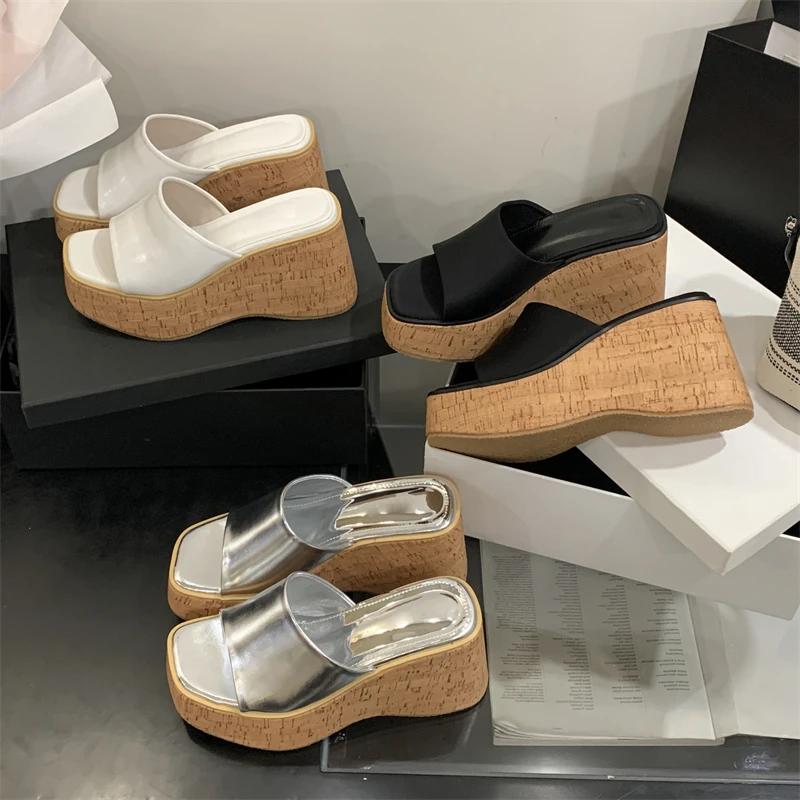 Eilyken Summer Woman Slippers Chunky Platform Wedge Square Toe Thick Bottom Heels Shoes Zapatos De Mujer
