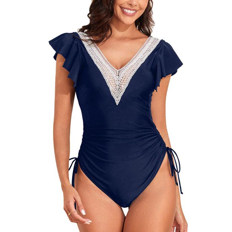 One Piece Bathing Suit For Women Deep V Neck Ruffles One Piece Bikini Backless Swimming Suit