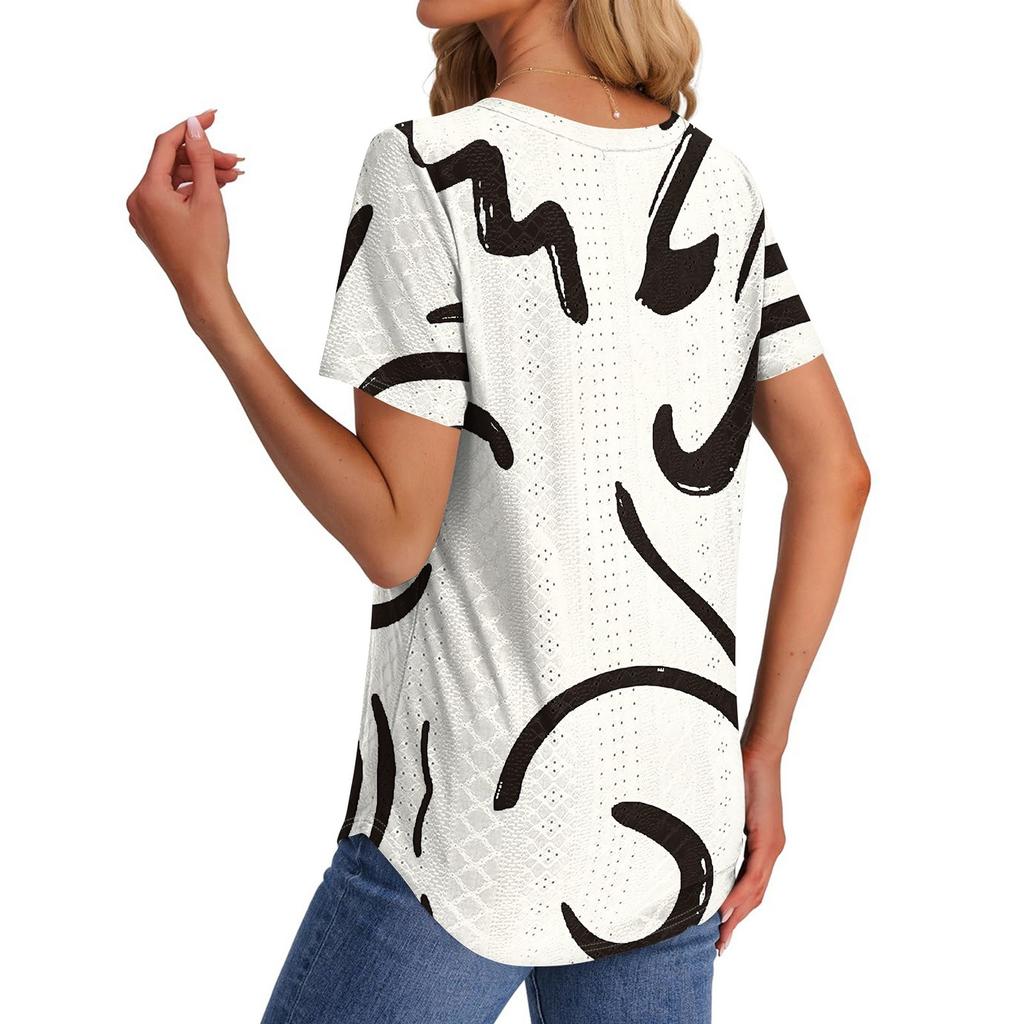 Womens T Shirts V Neck Short Sleeve Casual Tops Loose Fit Basic Tees With Curved Hem