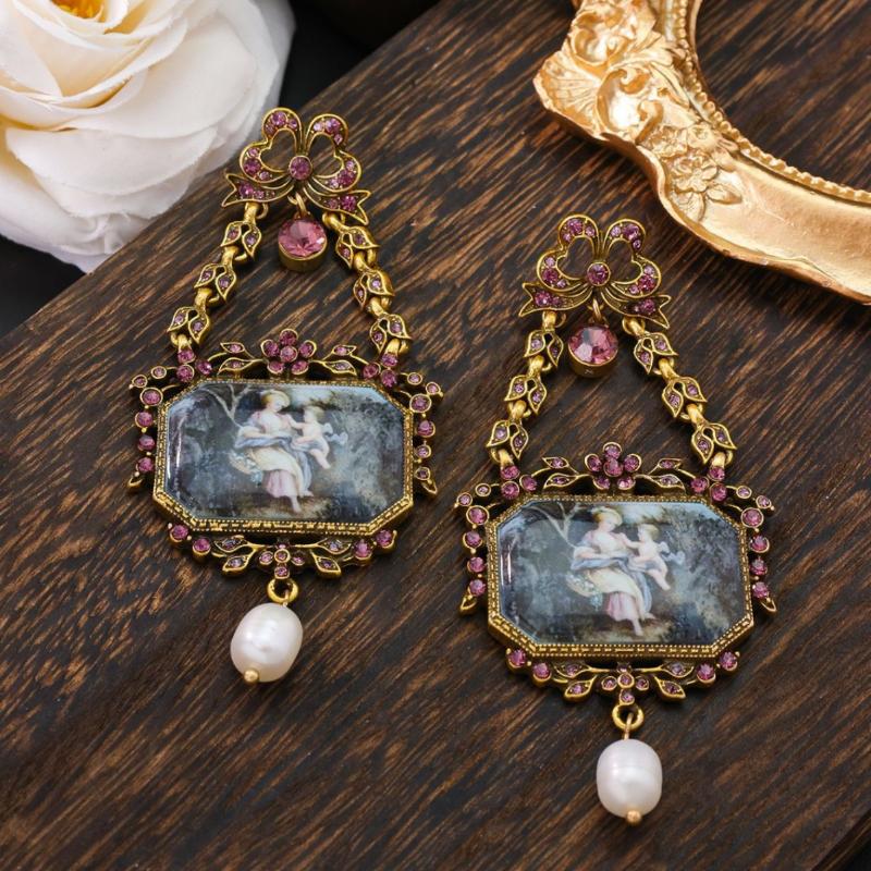 Ретро Элегантные Серьги в Форме Бантиков Дворцовый Стиль Пресноводный Жемчуг Эмалированная Роспись Украшение для Ушей для Женщин Вечерние Ювелирные Изделия Подарок