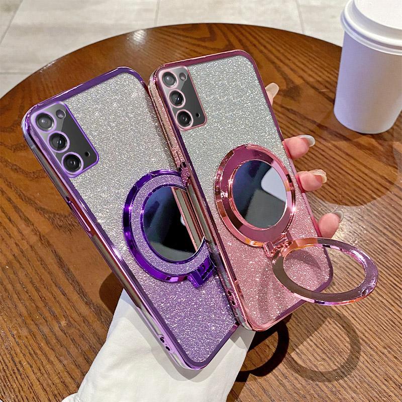 Luxury Bling Glitter Plating 3D Mirror Sequins Case For Samsung Galaxy Note 8 9 10 20 Ultra Magnetic Stand Lens Protection Cover
