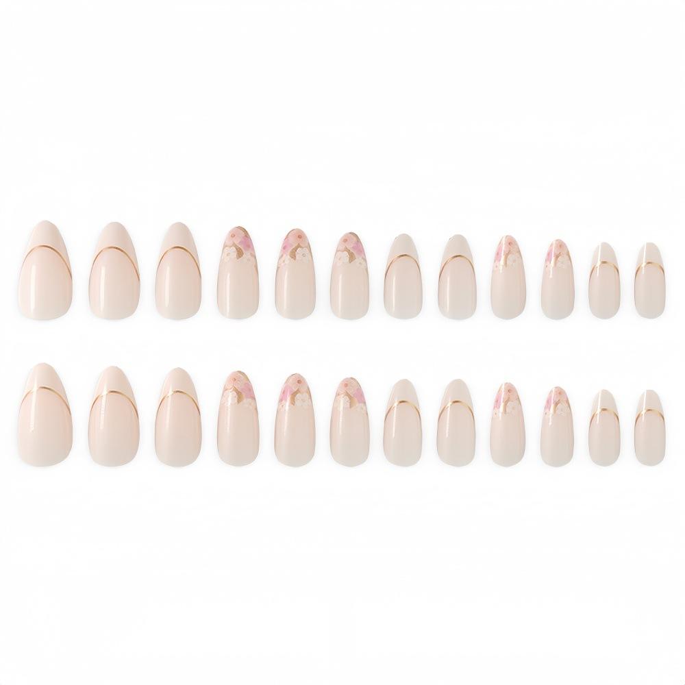 Wearing Nails French Simple Flower Drops Almond Shaped Nail Art Nails Wearing Fake Nails