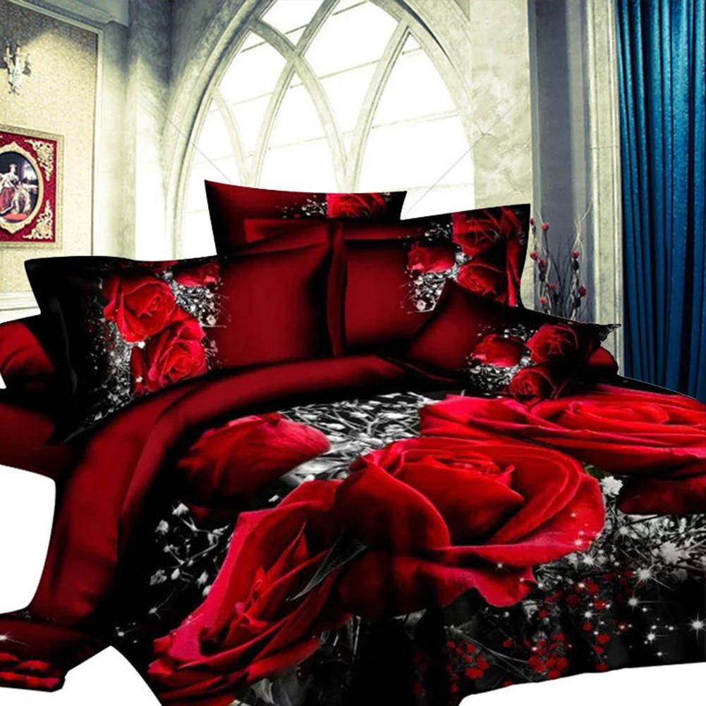 4 PCS 3D Big Red Rose Floral Bedding Sets Wedding Duvet Cover Sheet Pillow Cases Double Bed Sheet Comforter Quilt King Size