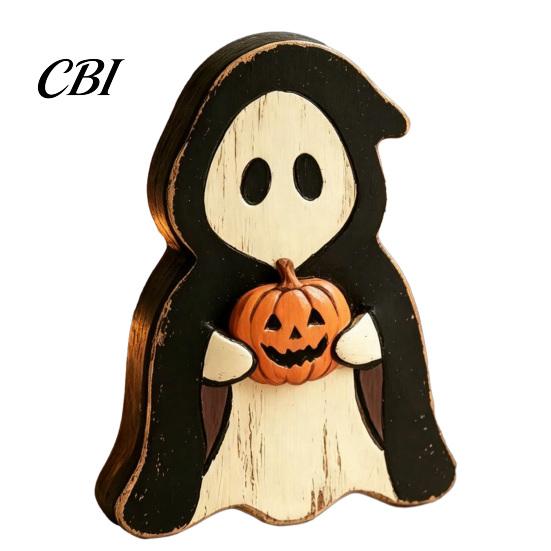 Compact Rustic Fall Ornaments Halloween Wooden Tabletop Decor, Ghost Black Cat Pumpkin Owl Centerpieces, Handcrafted Aged Wood Table Decor Vintage